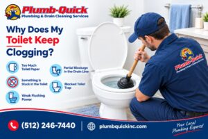 Plumber inspecting a clogged toilet